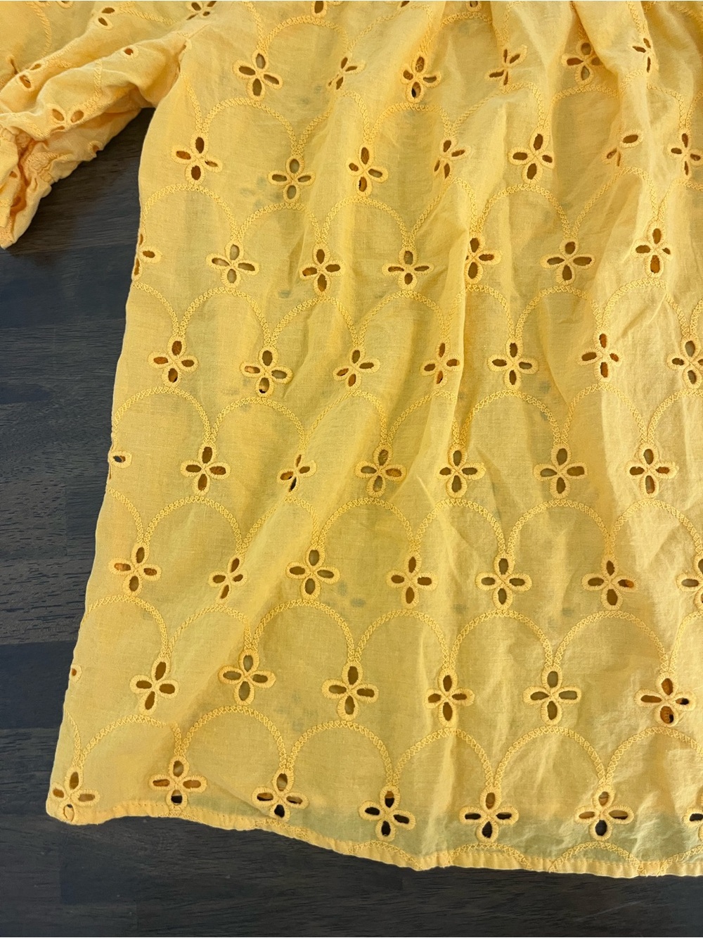 Cure Yellow Eyelet Ruffle-Neck Casual Top 100% Cotton Summer Spring Size Small - Picture 4 of 6
